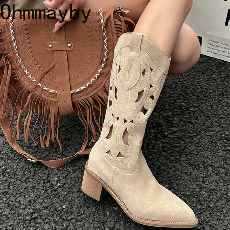 Style Rome Women Western Cowboy Boots Fashion Embroidery Hollow Out Long knight Booties Thick Heel Female Shoes 1b84