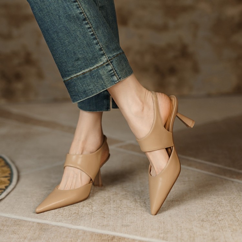 Summer Sandals Women Genuine Leather Shoes for Women Retro Slip-On Women Pumps Pointed Toe Heels Shoes Women Zapatos De Mujer