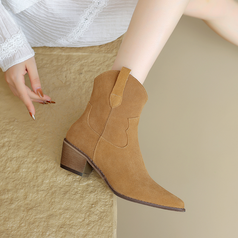 2024 New Autumn Cow Suede Leather Women Pointed Toe Ankle Chunky Shoes Western Boots 40,41,42 7916