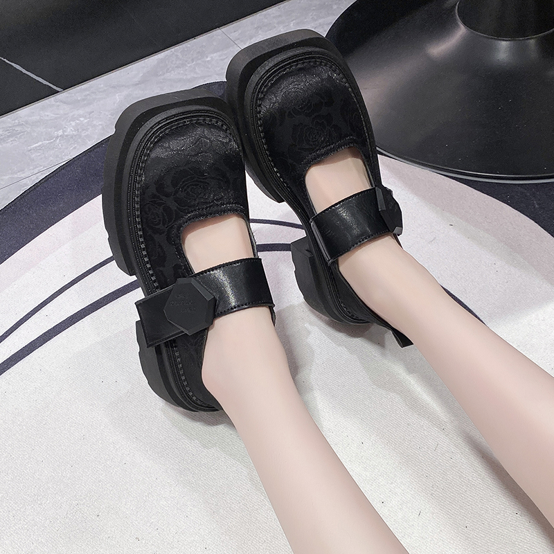 Thick Casual Thick Heels Increase Simple French Shallow Mouth Women 2024 New Spring Black Retro Mary Jane Shoes