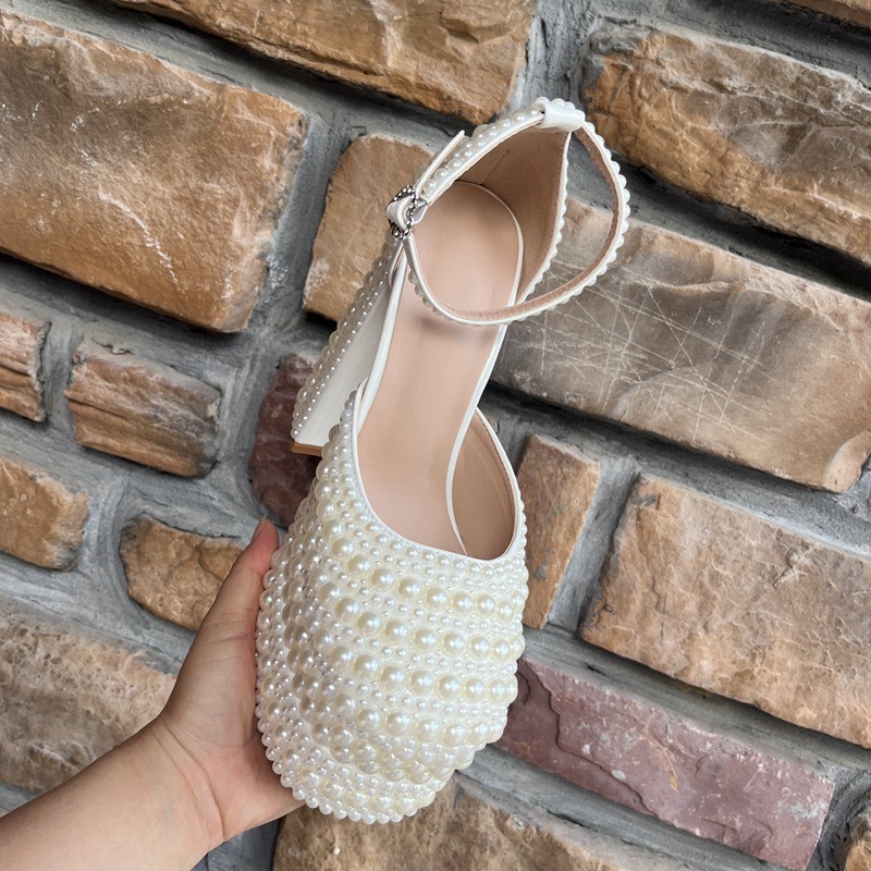 Brand Handmade Inlaid Pearls/rhinestones Sandals Wedding Bride Party Bownot Nightclub Steel Pipe Dance High-heeled Shoes Size 42