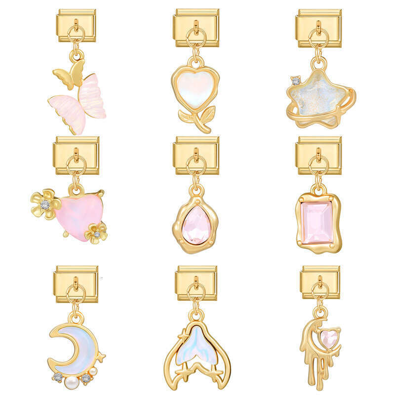 New Women's Gift Gold butterfly pink heart with CZ Pendant Italian Charms Links Bangle Beads Fit 9mm Stainless Steel Bracelet Making DIY For Wome