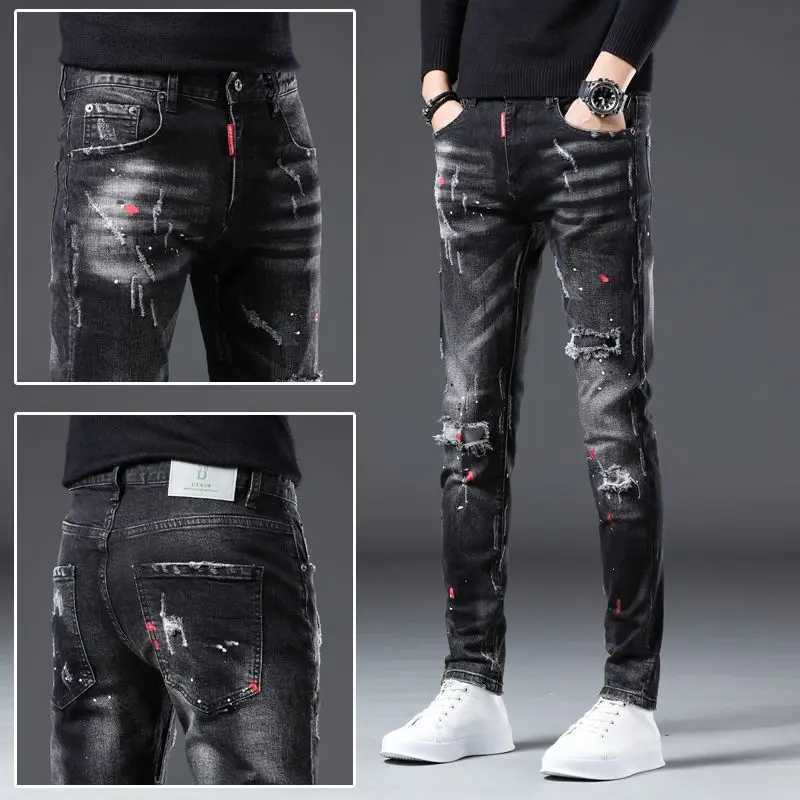 New spring autumn denim mens jeans ultra-thin painful tearing pants paint splatter design streetwear luxurious ultra-thin jeans CL240912