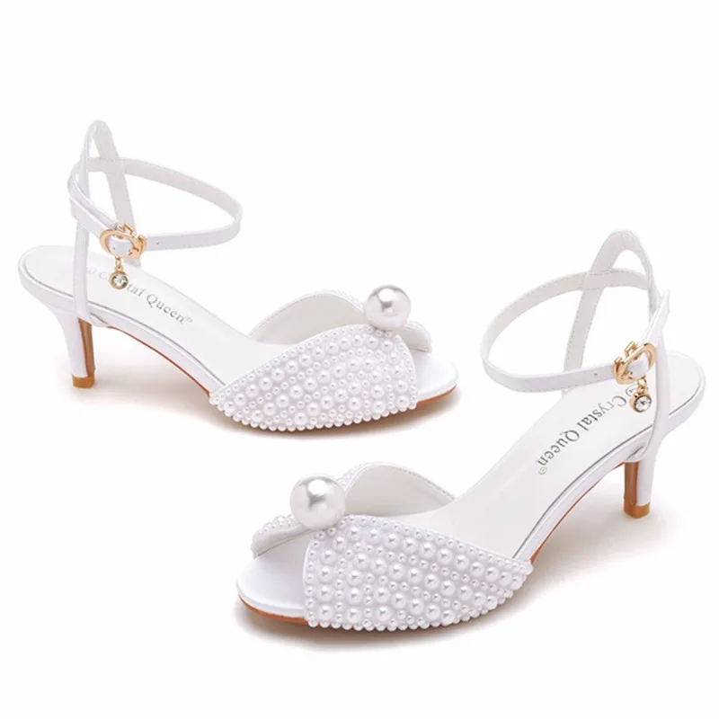6cm Fish Mouth High Heeled Sandals Buckle Wedding Bride Luxury Designer Shoes Heels Pearl Sandal Ladies Shoe Large Size 43