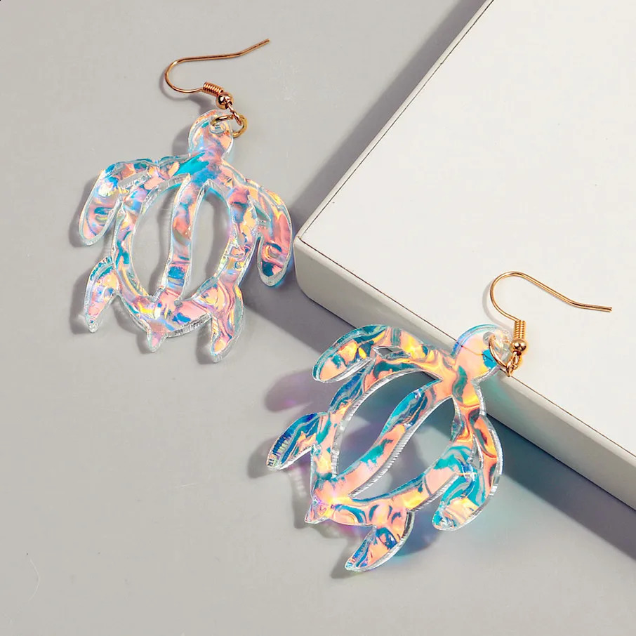Iridescent Hollow Turtle Acrylic Earrings for Women Fashion Cute Laser Tortoise Drop Dangle Earring Statement Jewelry Gift 240914