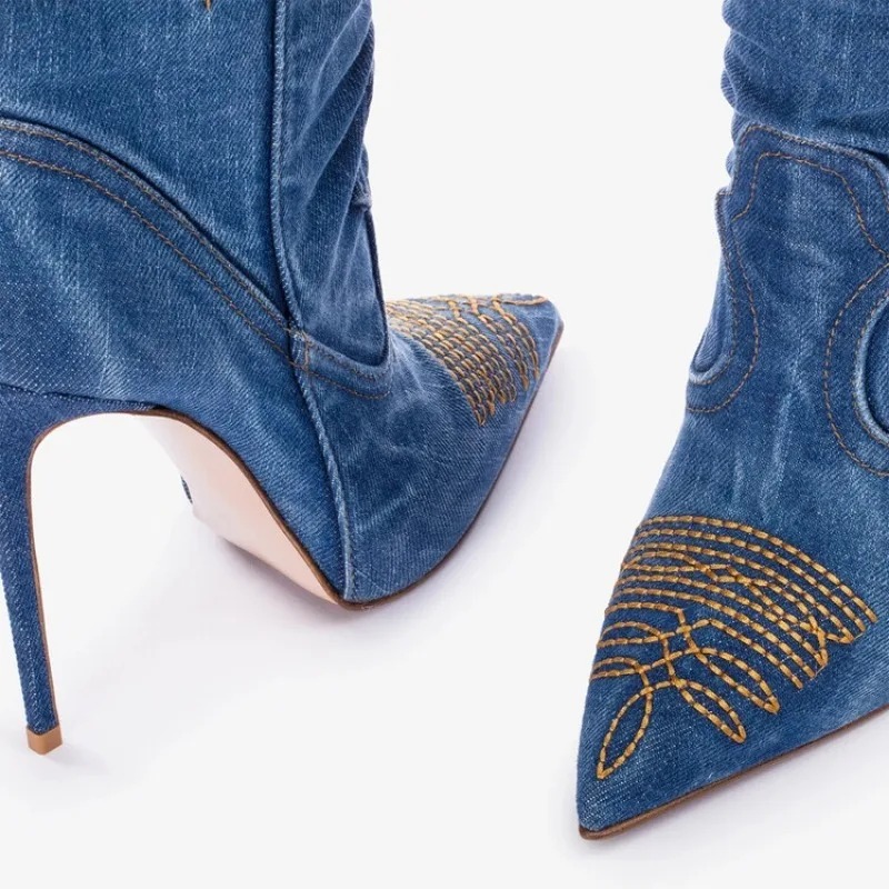 Embroidered Car Stitching 11cm High Heeled Pointed Western Cowboy Boots Women Denim Fashionable Spicy Girl Sexy Knight Boots 46