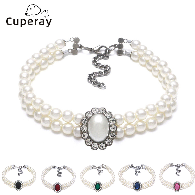 Pearl Pet Collar Necklace Double Row Imitation Gemstone Cat Collars Adjustable Rhinestone Accessory for Small Medium Dogs & Cats