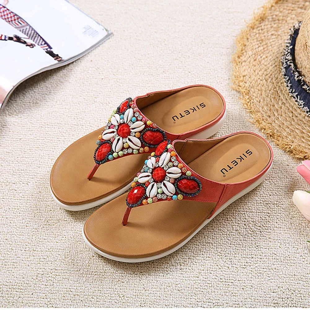 Women Slippers Summer New Fashion Beaded Slides Shoes Wedge Beach Sandals Women Outside Platform Leisure Retro Flip Flops