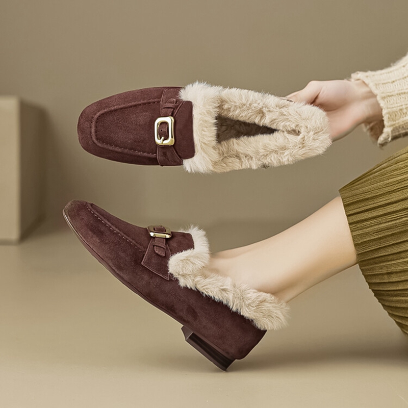 Winter NEW Loafers Sheep Suede Leather for Women Round Toe Low Heel Black Warm New Wool Blend Shoes atos mujer 39bc