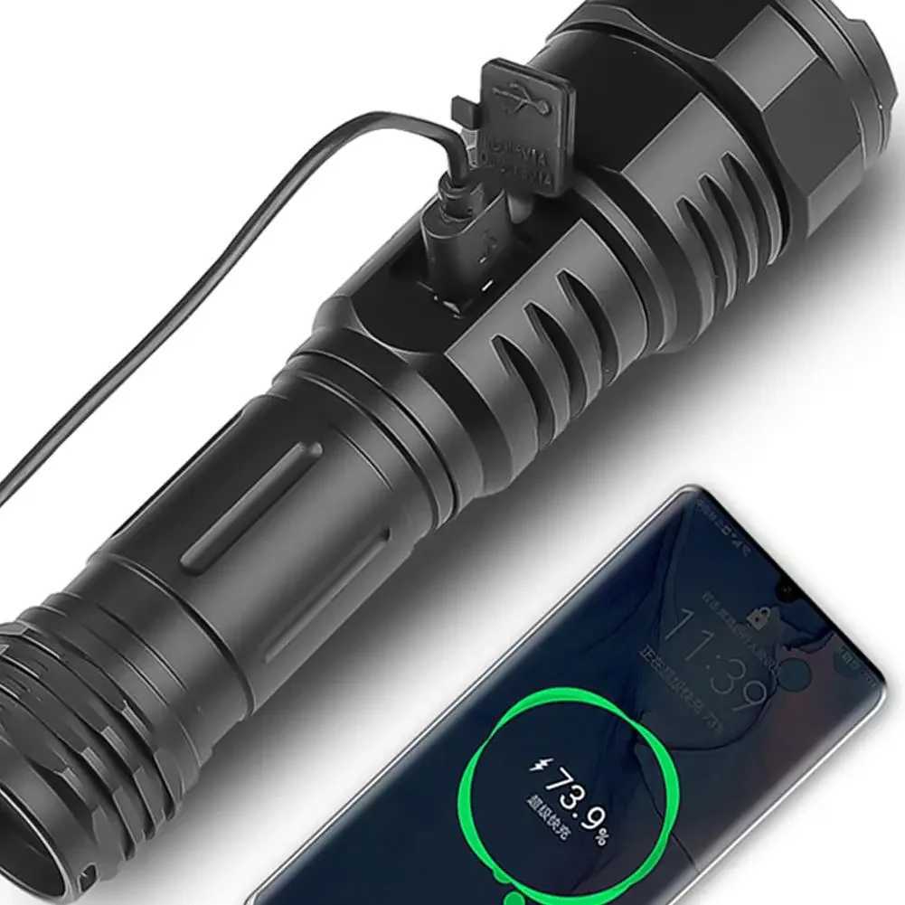 100000000 Lumens White LED Torch Strong light USB C Rechargeable Powerful Flashlight Zoomable Torch Light 5Modes for Outdoor Y240913