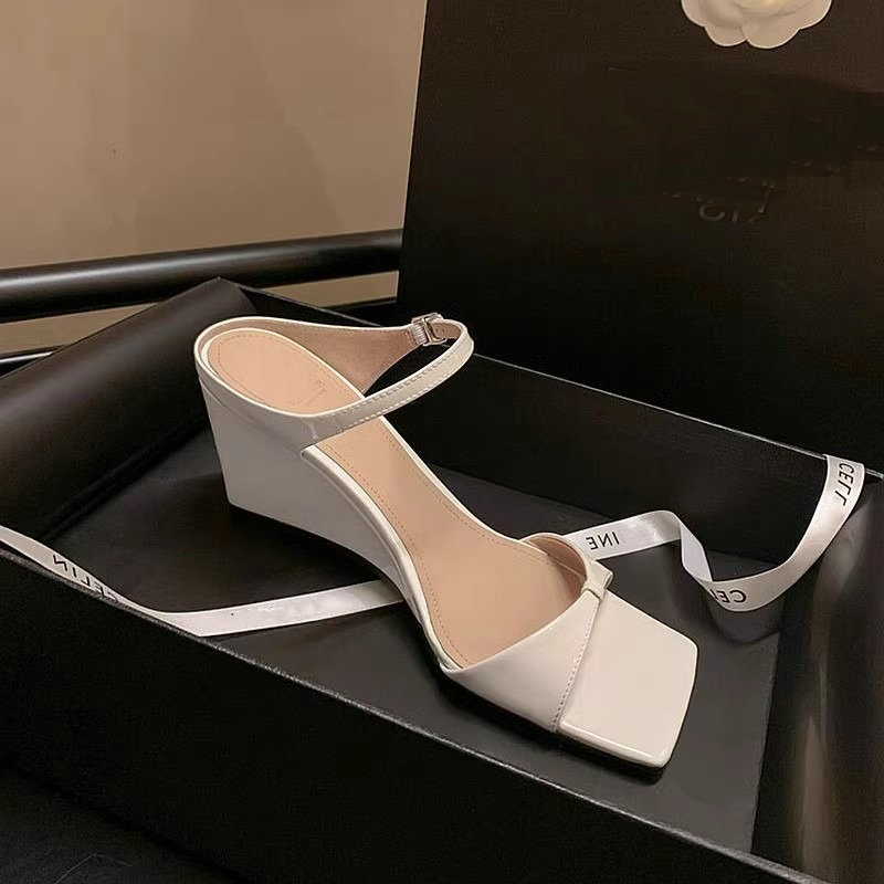 Summer 2024 New Fashion High-heeled Slippers Square Head Wedge Sandals For Women Slides 68ad