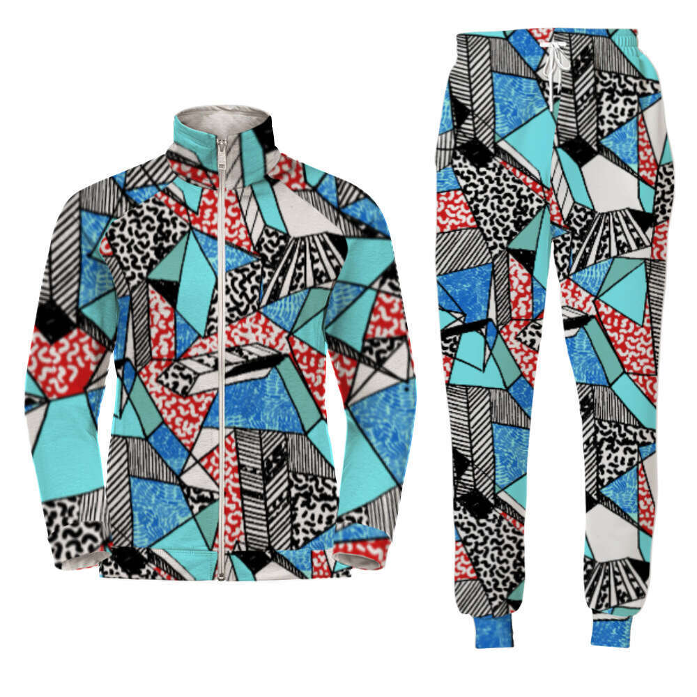 European men's casual sports with 3D digital printing long sleeved pants and zippered shirt set