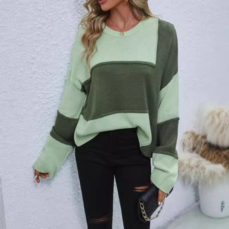 dongdumaoyi New autumn and winter pullover round neck long sleeved knitted sweater fashionable color blocked loose sweater F0914#42
