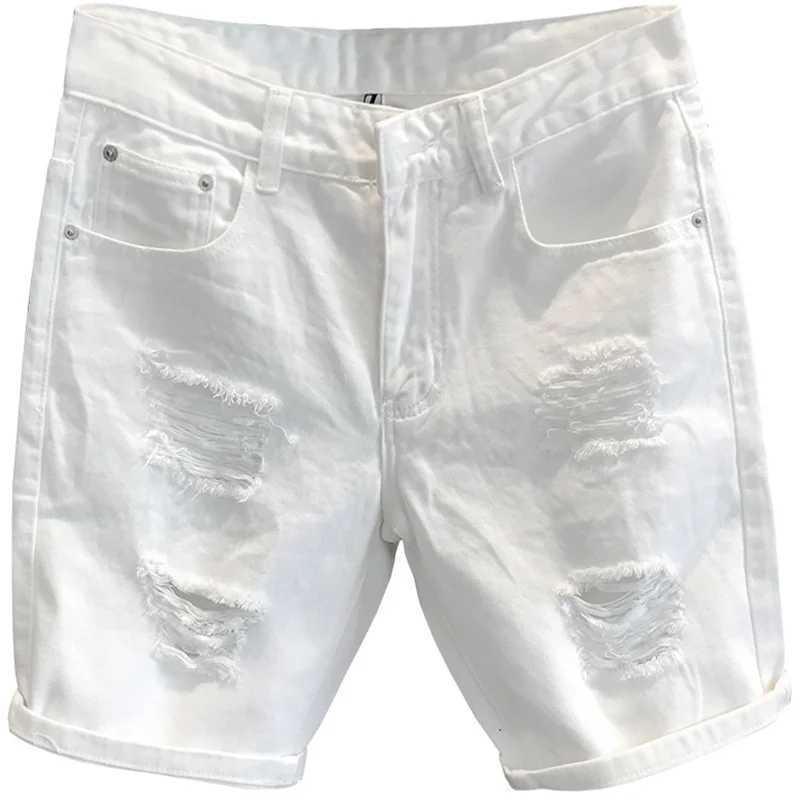 Summer Mens Fashion White Hole Washing Denim Shorts Leisure Scraped Beggar Straight Short PantsX240914