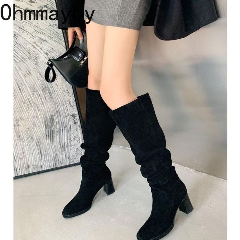 On Slip Women Western Knee High Boots Fashion Pleated Sewing Pumps Autumn Winter Thick Heel Ladies Modern Long Booties d7fc