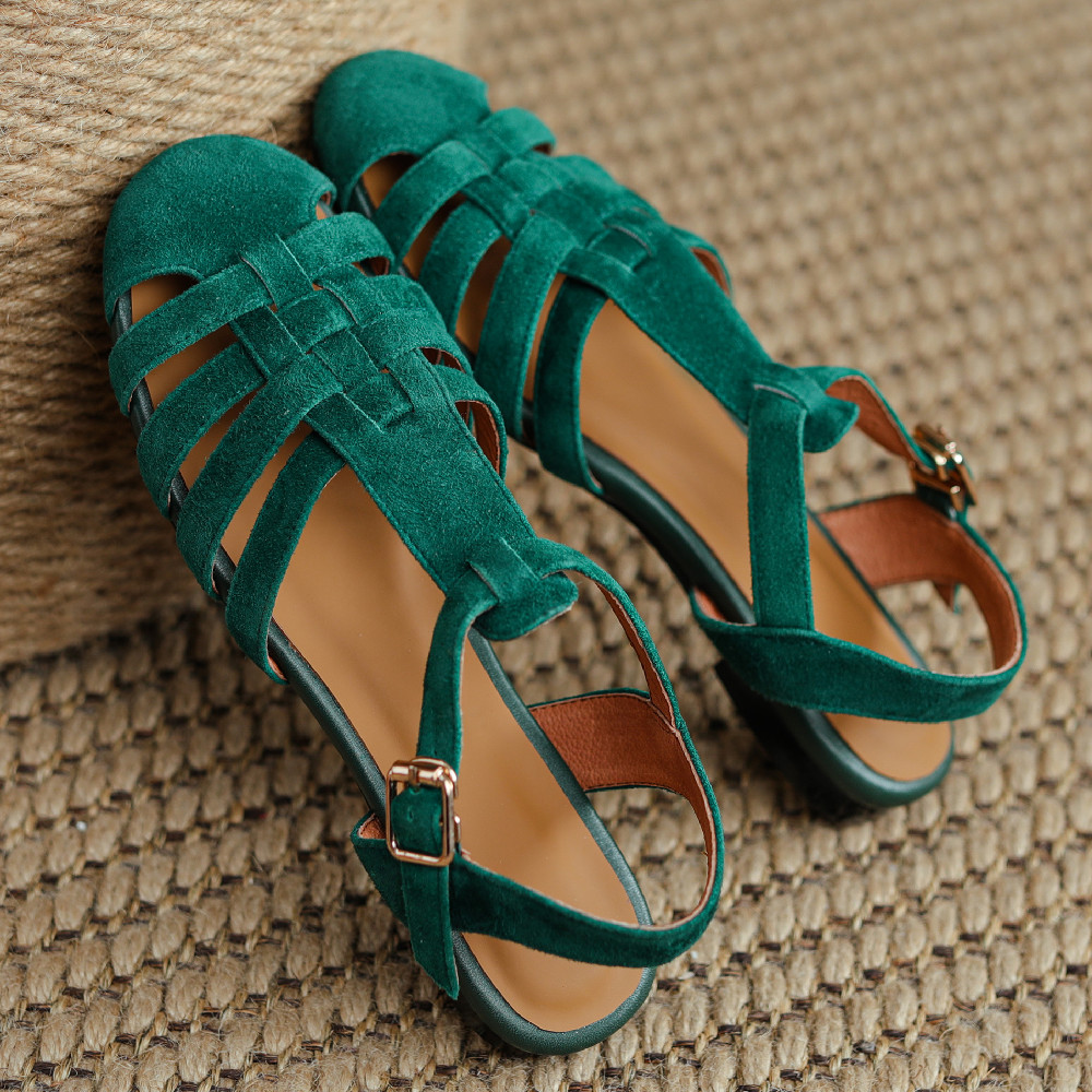 2025 new natural Women's suede leather narrow band braided t-strap flats sandals round toe casual female rome style summer shoes women 58d0