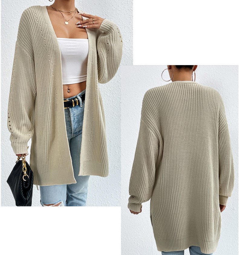 Women's Knits Autumn and winter loose mid length sweater jacket knitted cardigan V-neck solid color knitted sweater