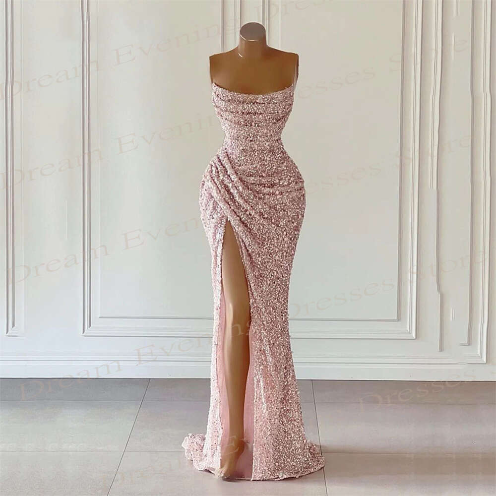 Generous Pink Mermaid Shiny Glitter Evening Dresses ful Strapless Sleeveless Prom Gowns Sexy Side Split Vestidos De Fiesta