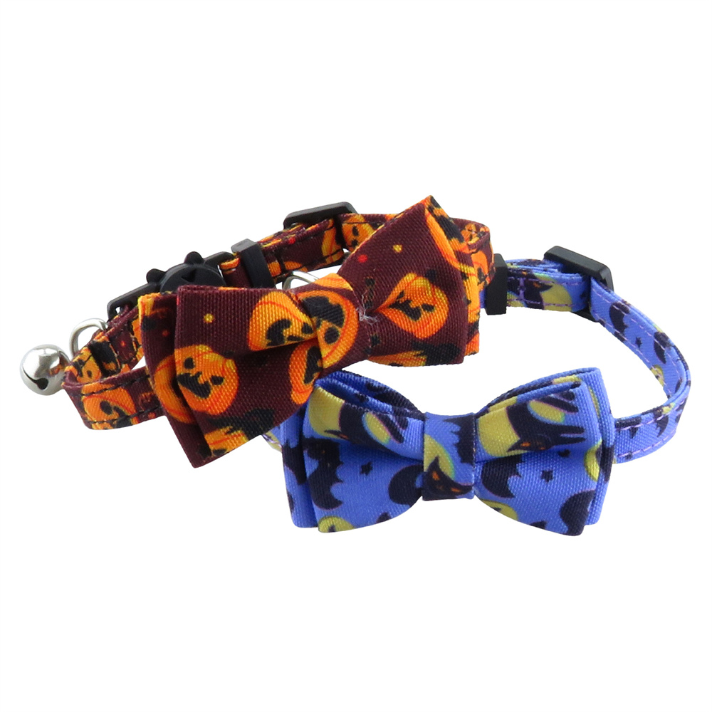 Pet Collars Halloween Pumpkin Bat Webbing Cat Collar Bow Adjustable Cat Collars with Bell for Kitten and Puppy Pet Accessories