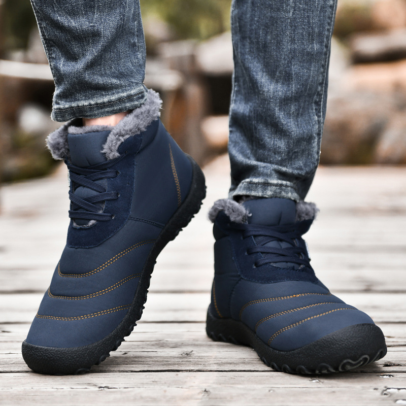 Autumn winter men's thick soled cotton shoes, high top, solid color, warm snow boots, large-sized lace up and plush shoes
