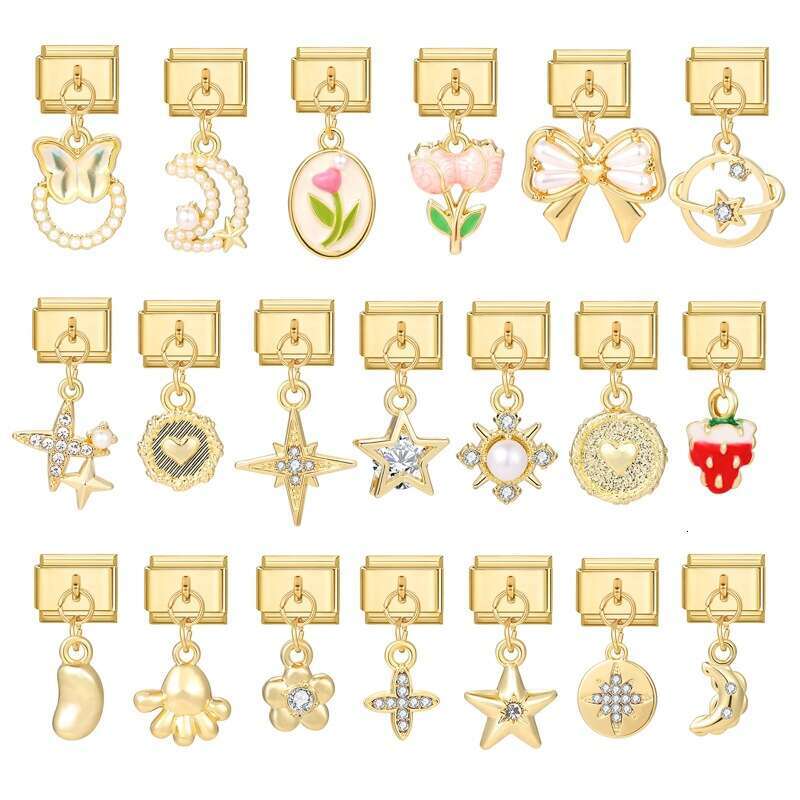 New Women's Gift Airplane pentagram Flower with gold Pendant Italian Charms Links Bangle Beads Fit 9mm Stainless Steel Bracelet Making DIY For Wo