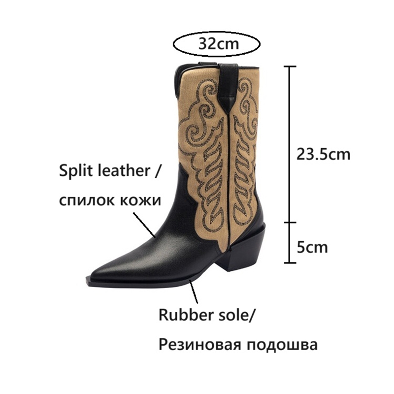 NEW Autumn Women Boots Pointed Toe Chunky Heel Shoes Split Leather Shoes for Women Slip-on Short Boots Embroider Western Boots