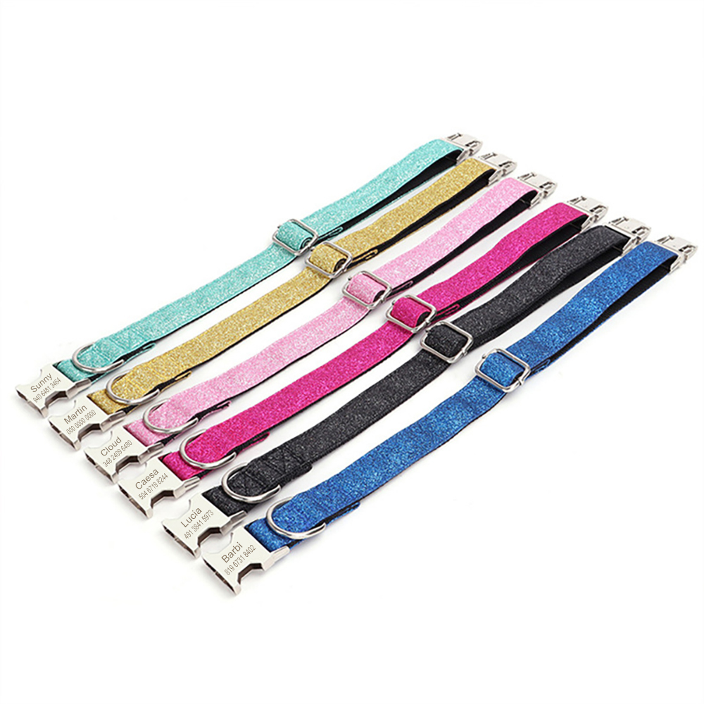 Adjustable Sparkling Dog Collar Personalized Nylon Pet Collar, with Removable Bow Decoration Free Engraving ID Name Tag Collar