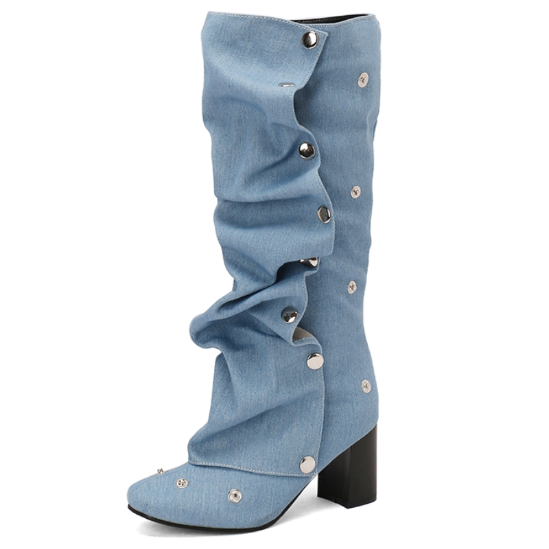Women's Knee High Boots Sexy Pleated Autumn Winter Shoes Black Blue Jeans Heeled Long Boot Ladies Shoes Large Size 45 New Trends