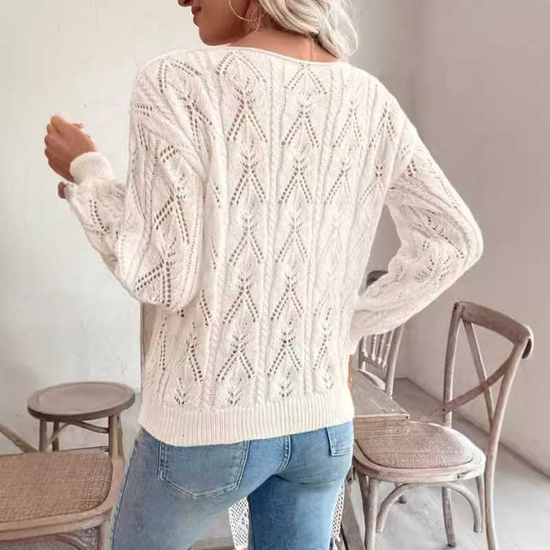 dongdumaoyi New women's knitted sweater fashionable pullover round neck long sleeved hollow solid color sweater top F0914#40