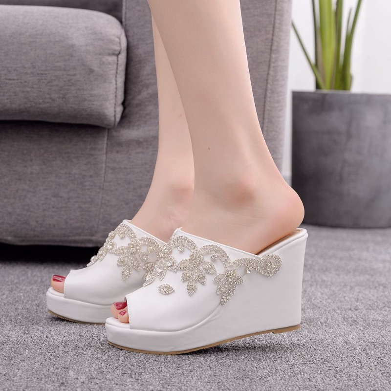 2025 new Heels High For Peep Toe Rhie Slip On Platform 10CM Wedges Fashion Dress Sandals Women Shoes White Slippers bb84 pers