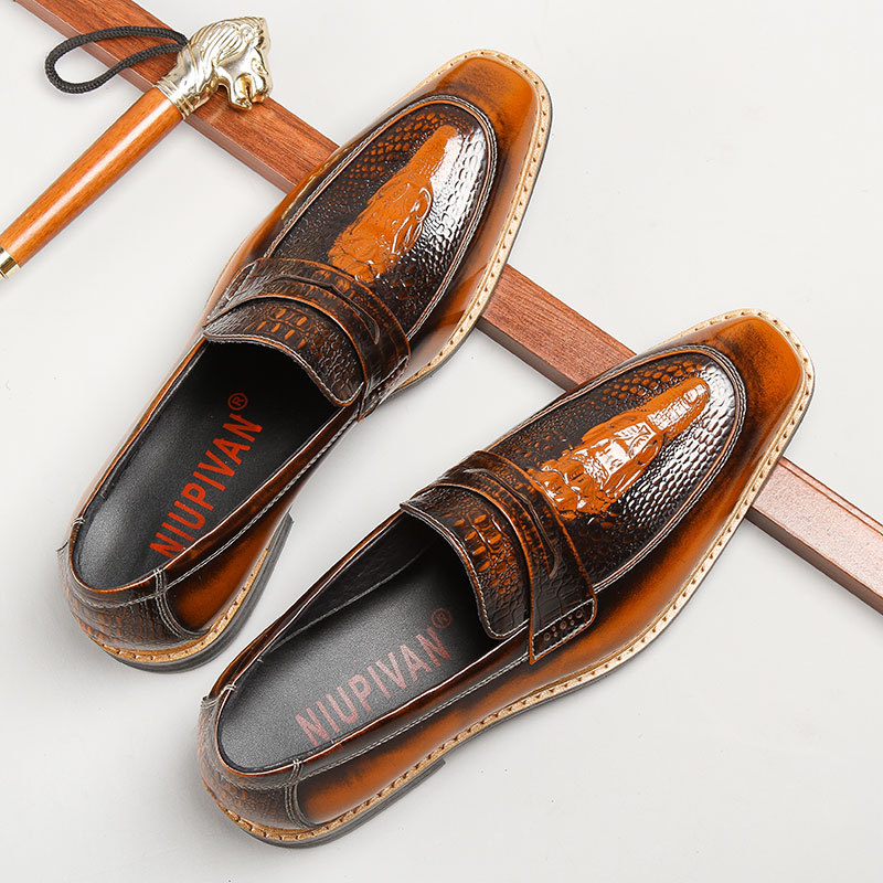 Luxury Genuine Leather Shoes Crocodile Pattern Classic Style Men‘s Loafers Wedding Business Slip On Pointed Toe Black Brown