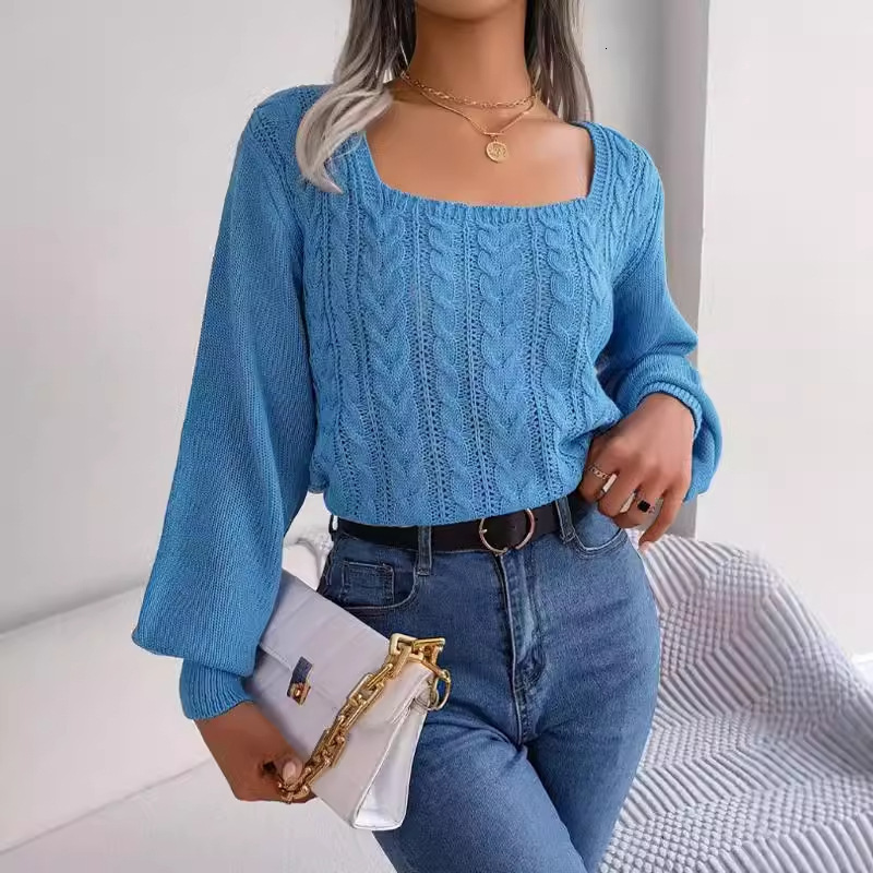 dongdumaoyi New autumn and winter square neck long sleeve pullover sweater solid casual Fried Dough Twists thread knit F0914#42