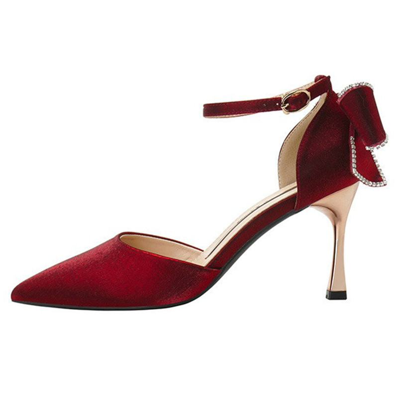 2024 Star style Women Satin Pumps Fashion Rhinestones Stiletto High heels Party Shoes Summer Butterfly-knot Wedding Shoes