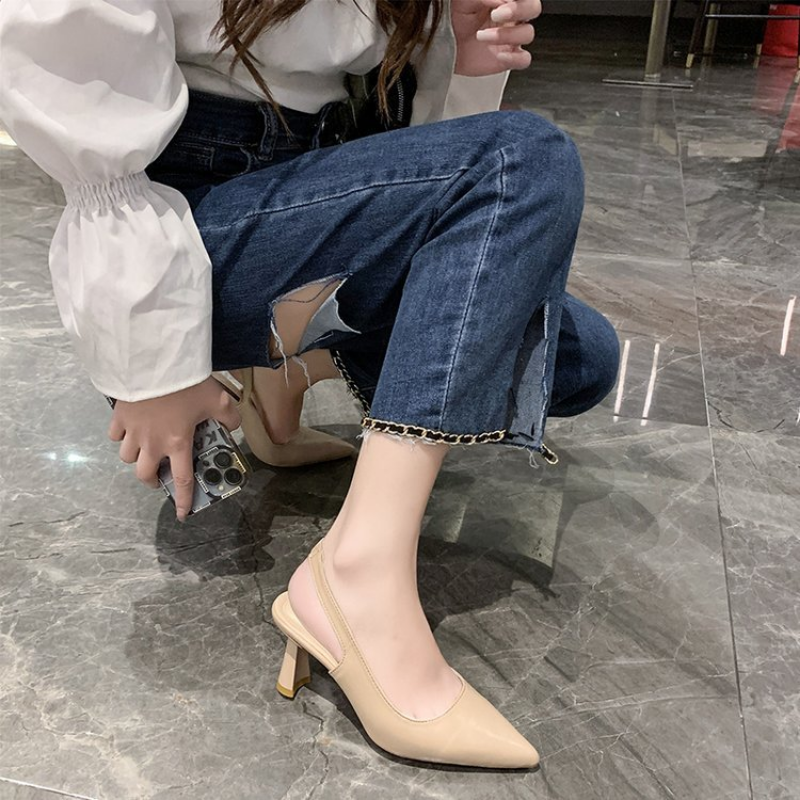 Women's Pumps Flock Slingbacks Nude Black Color Matching Pointed Toe High Heels Party Fashion Office Lady Shoes 2024 New
