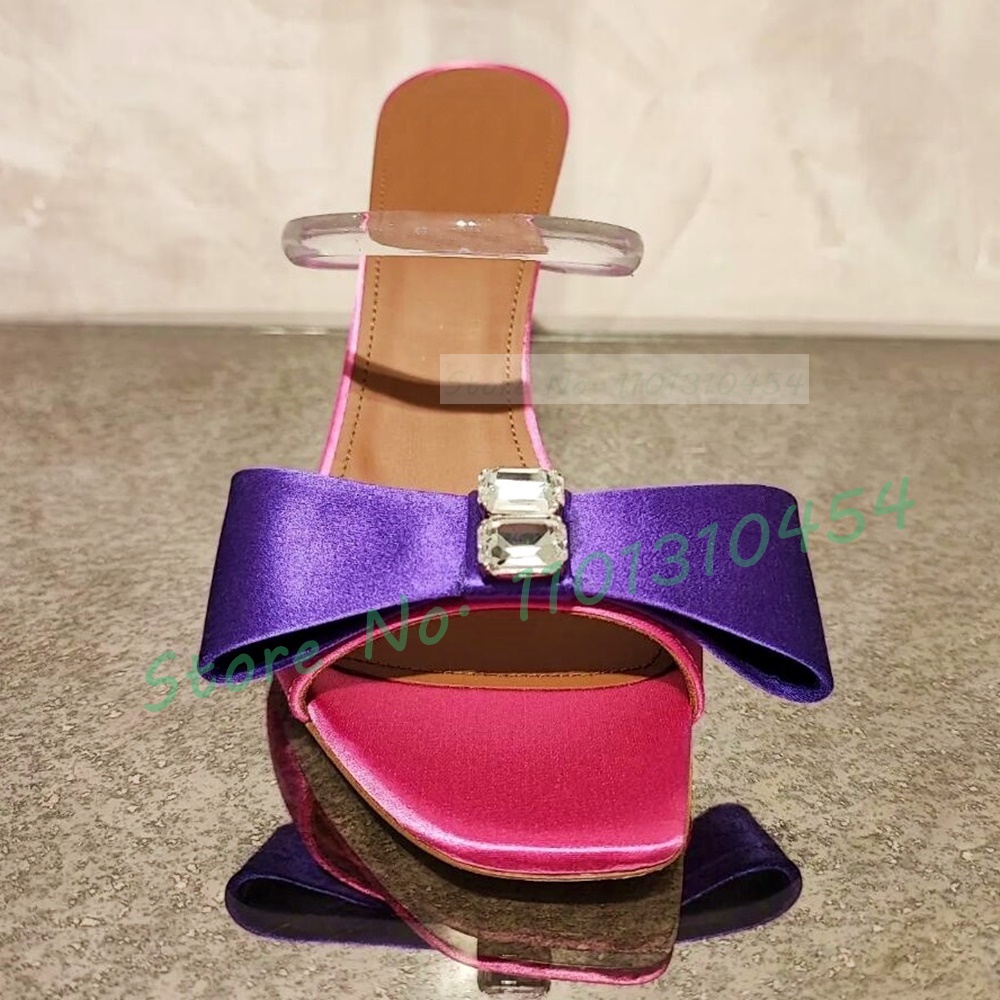 Bowknot Satin High Heels Slippers Women Summer Elegant Multicolor Crystal Bling Shoes PVC Strap Ladies Casual Open Toe Mules