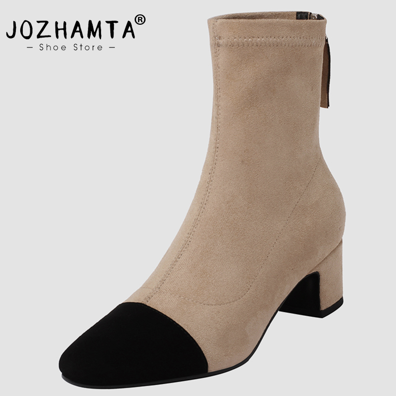 JOZHAMTA Size 34-40 Ankle Women Suede Real Leather Stretch Boots Chunky High Heels Fall Winter Shoes Casual Short Booties