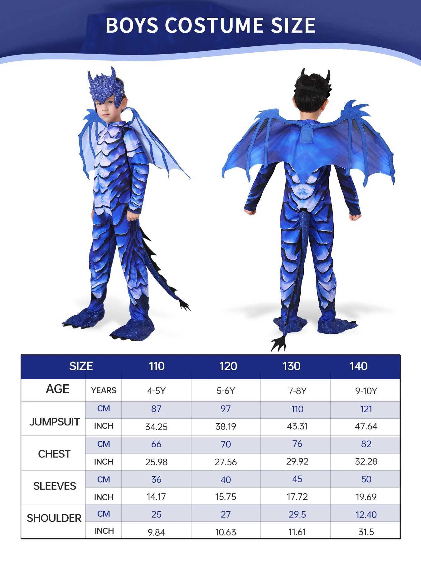 Boy Frost Blue Dragon Knight jumpsuit childrens Halloween carnival themed party costume with wing tail mask W240914