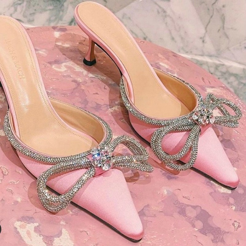 And Spring Summer New Metal Rhindias Slides Thin Bow Pointed High Heel Slippers 417e