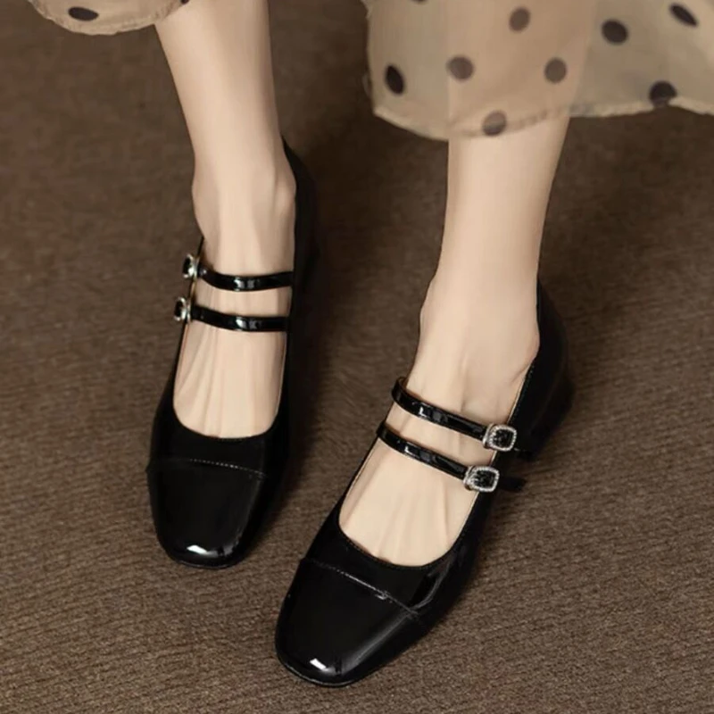 Square Mary Janes Round Toe Med Heels New Flats Spring/Autumn Solid Color Women's Buckle Strap Fashion Ladies Shoes 2060