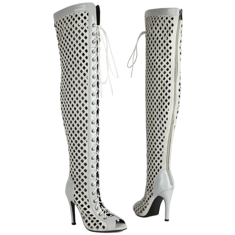 Women' Over the Knee High Boot Sexy Summer Shoes 2024 Peep Toe Lace-up Hollow Night-club Dance Fetish Party Shoe Lady Large Size