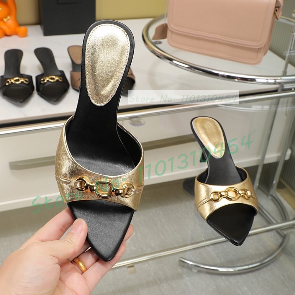 Gold Real Leather Mid Heel Slippers Women Metal Ring Detail Open Pointy Toe Shoes Summer Luxury Sheepskin All-match Sexy Mules