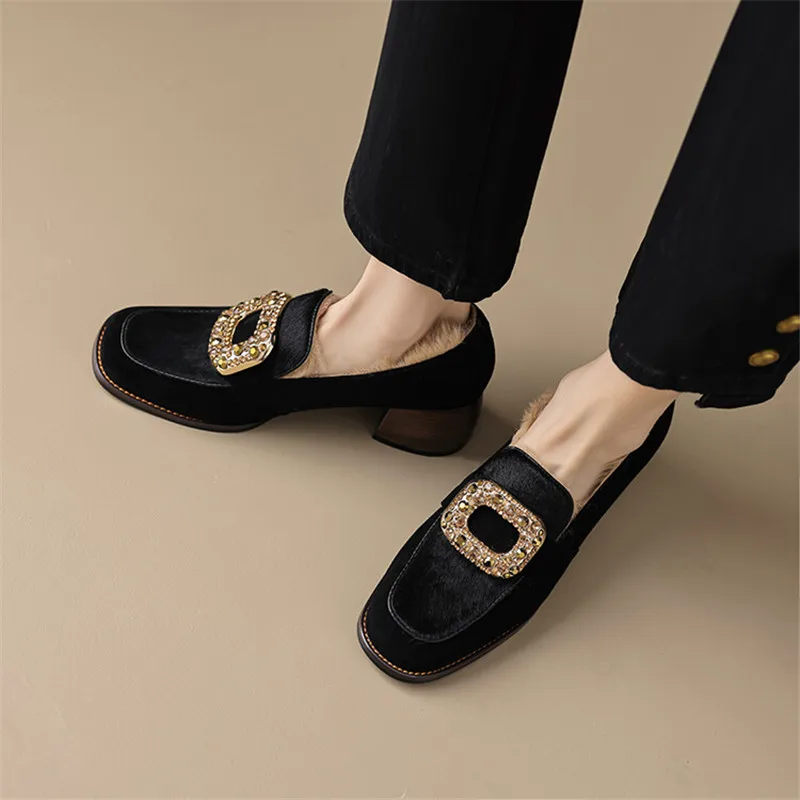 New Winter Sheep Suede Loafers Round Toe Women Pumps Shoes for Women Concise Ladies Shoes Chunky Heels Zaptos Mujer High Heels