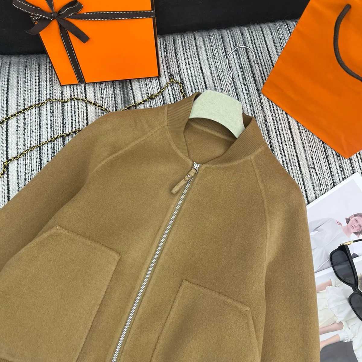 Womens Double sided Cashmere Jacket 2024 New Casual Simple High quality Cashmere Zipper Head Shoulder Sleeve Flying Jacket W240914