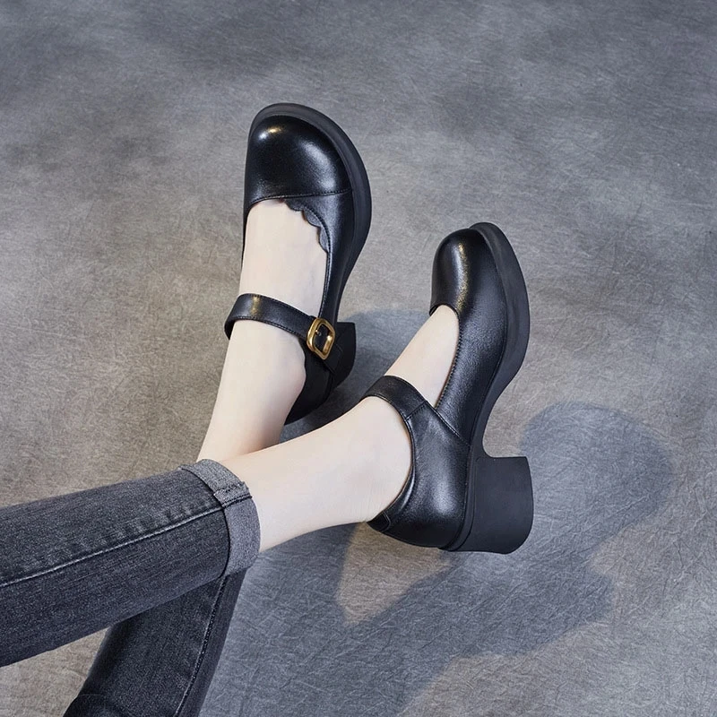 Spring Autumn Shoes Woman Genuine Leather Women Pumps Lady Round Toe Platform Shallow Mouth High Heel Shoes