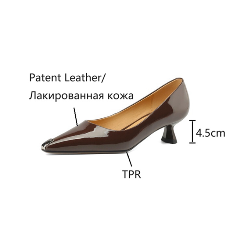 Pumps Spring/Autumn Pointed Toe Kitten Patent Leather for Women Elegant High Heel Metal Decoration Shoes c92f