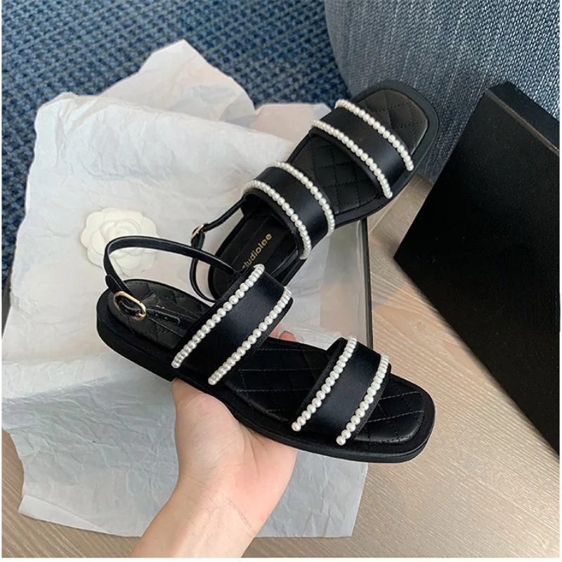 2022 Women's Pearl Sandals Female Ankle Buckle Flats Ladies Non Slip Summer Sandalias Mujer Peep Toe Woman Beach Footwear