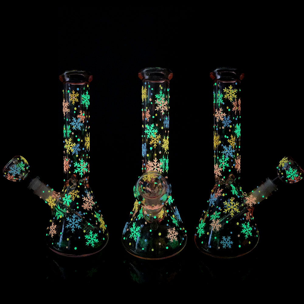 10in,Pink Glass Water Pipe,Glass Beaker Bong With Colorful Luminous Snowflake,Glow In Dark,Borosilicate Glass Hookah,Gifts That Girls Like,Smoking Acc