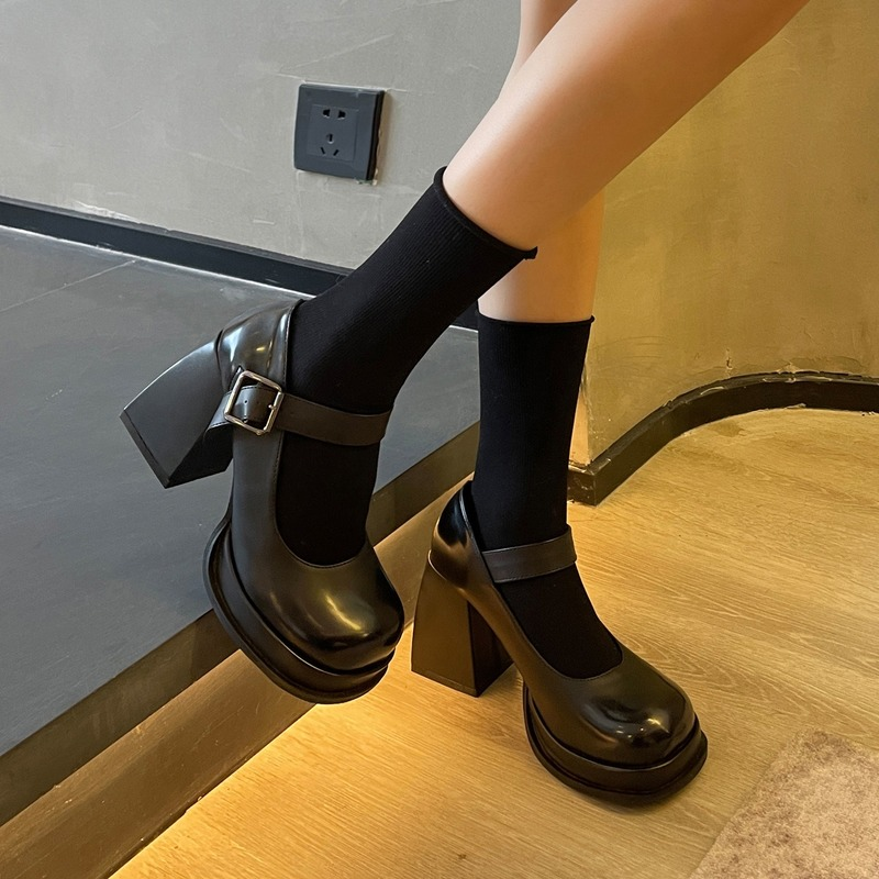 Chunky Heels Women Black PU Leather Shoes Ladies Office Dress Mary Jane Shoes Woman Pumps Designer Platform Uniform High Heels