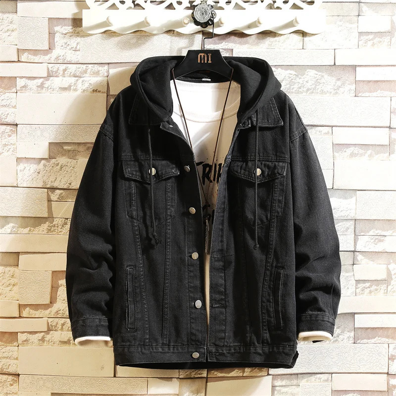 mens denim jacket cotton loose hooded solid casual couple street clothing Plus size 5XL 240904
