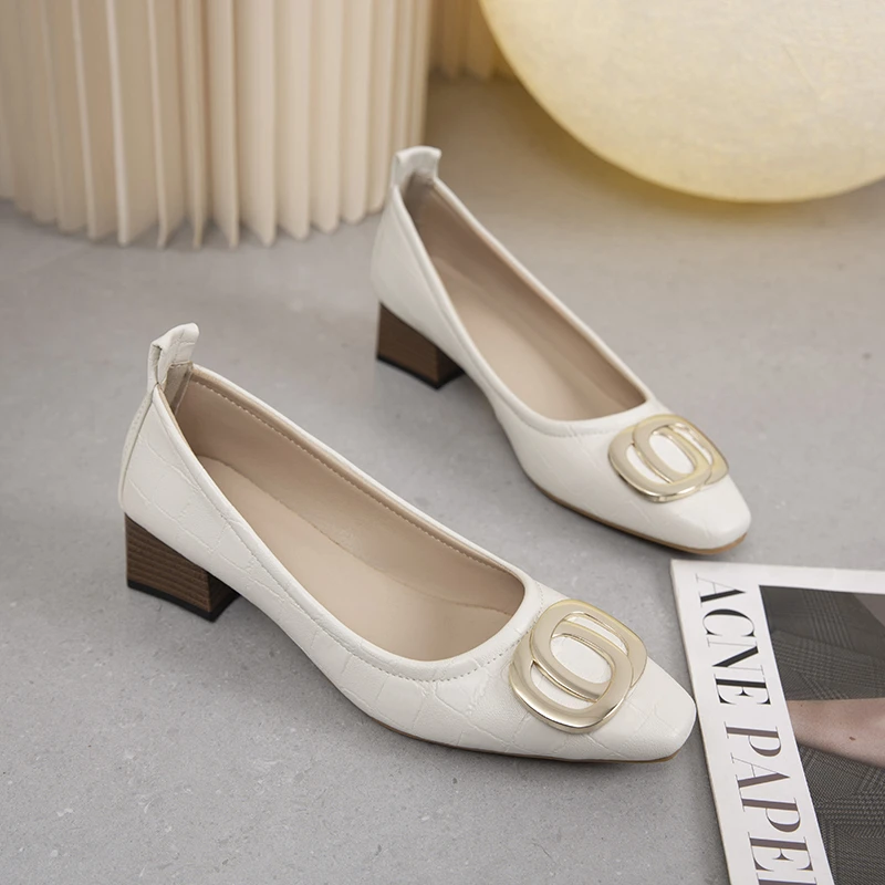 2024 Woman Elegant Square Toe Beige Heel Female Metal Accessories Comfortable Cute Shoes 0a92